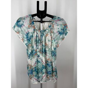 Studio‎ Petite JPR Tie Dye Pom Pom Trim Peasant Blouse Blue Orange PM